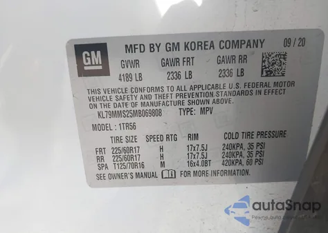 2021 Chevrolet Trailblazer Fwd Ls из США, поврежденный, VIN KL79MMS25MB069808